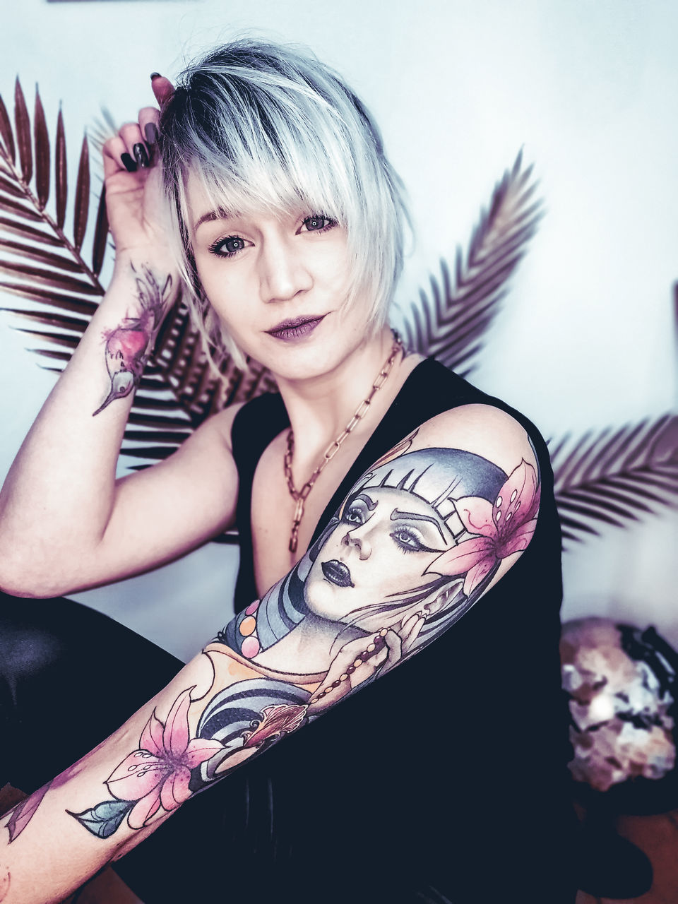 adult, women, one person, portrait, tattoo, young adult, looking at camera, female, fashion, hairstyle, blond hair, indoors, make-up, anime, individuality, lifestyles, person, sitting, arts culture and entertainment