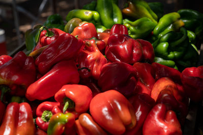 Close-up of red chili peppers for sale in market