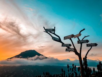 Silhouette tree and mountains against sky during sunset