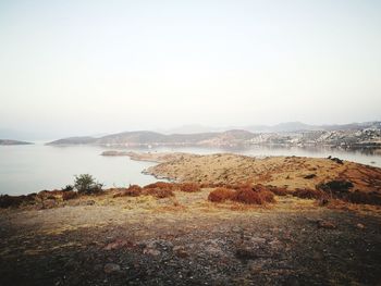 Scenic view of lake against clear sky