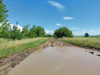 Country road after rain on the background of a beautiful blue sky