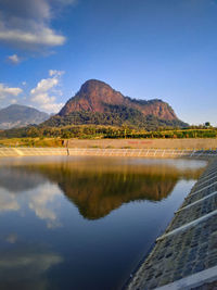 Scenic view of lake and mountains against sky