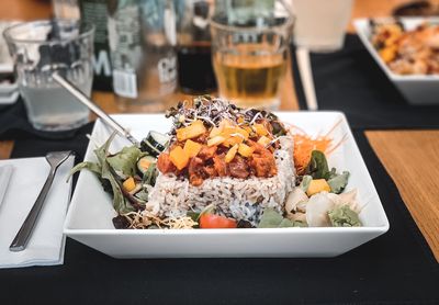 High angle view of food in plate on table