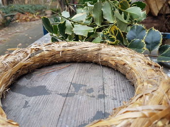 High angle view of wreath decorations on table