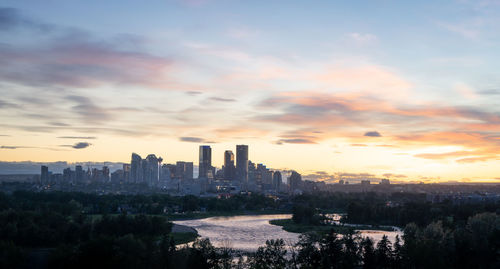 Scenic view of buildings against sky during sunset