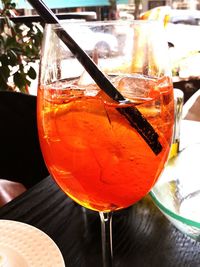 Close-up of wineglass on table