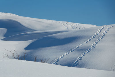 Snow covered mountains, with footprints in snow