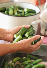 Close-up of hand holding cucumbers