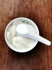 High angle view of bread in bowl on table