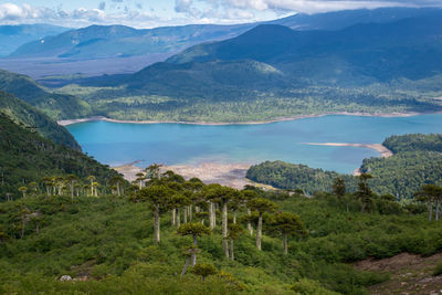 High angle view of landscape and mountains against sky