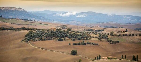 High angle view of landscape and mountains against sky