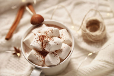 Cup of hot chocolate with a marshmallow and christmas decorations. winter cozy home concept