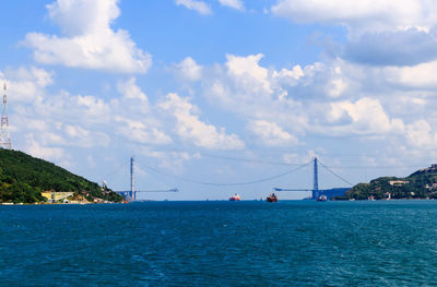 View of suspension bridge over river