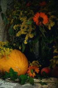 High angle view of sunflowers by plants during autumn