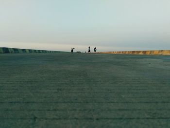 Men on field against clear sky