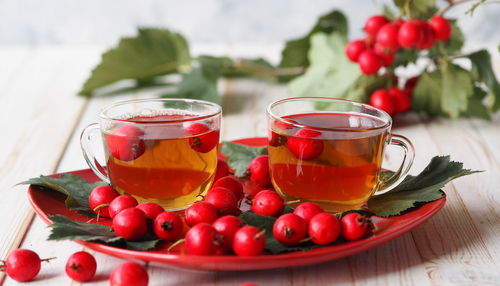 Close-up of tomatoes in glass on table