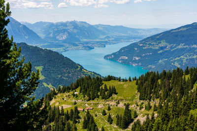 Panoramic view of lake thun in switzerland.