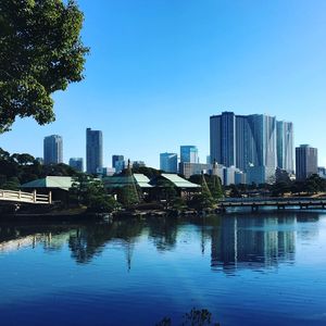 Reflection of city on water against clear blue sky