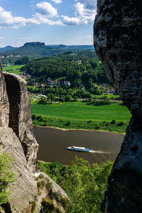 Elbe river with boot near bastei bridge