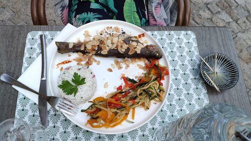 High angle view of meal served on table