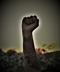 Close-up of human hand against sky during sunset