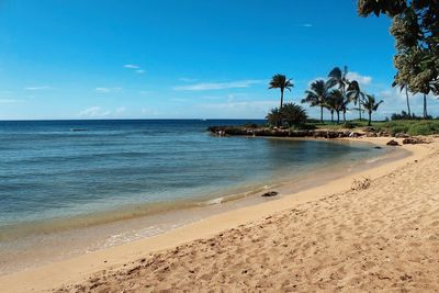 Scenic view of beach against blue sky