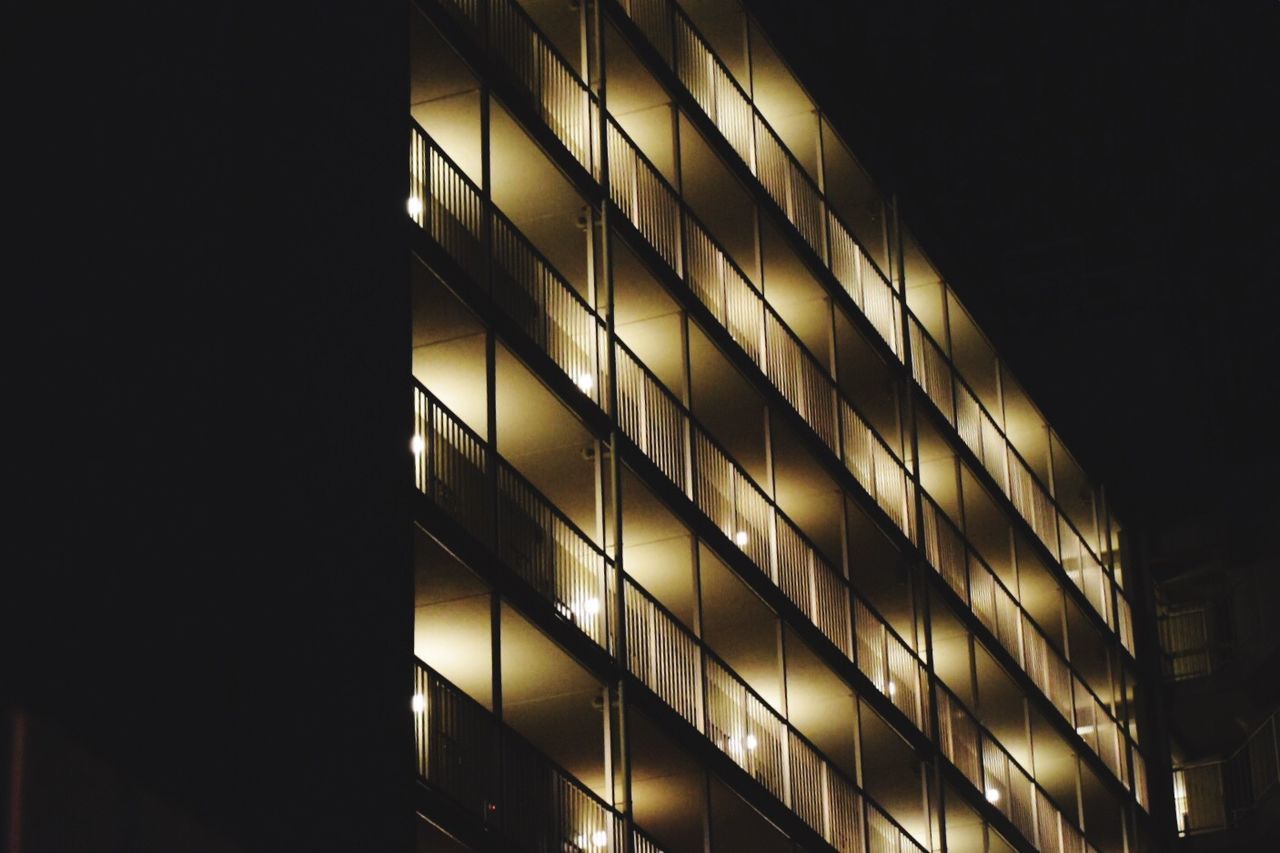 architecture, built structure, night, building exterior, illuminated, low angle view, window, dark, building, pattern, indoors, modern, no people, city, geometric shape, backgrounds, full frame, light - natural phenomenon, repetition, glass - material