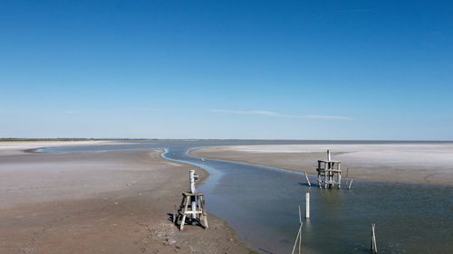 Scenic view of sea against clear blue sky