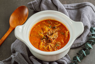 High angle view of soup in bowl on table