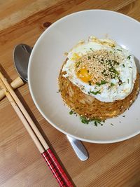 High angle view of breakfast served on table