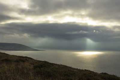 Scenic view of sea against storm clouds