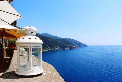 Scenic view of sea against clear blue sky