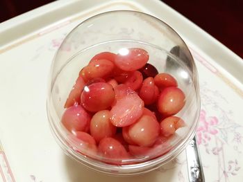 High angle view of strawberries in bowl