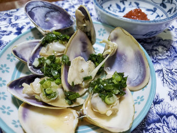 Close-up of clams food in plate on table