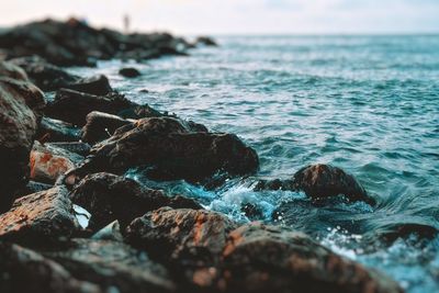 Close-up of rocks at beach against sky