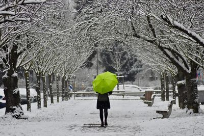 Rear view of a woman walking on snow covered landscape