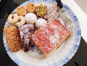 High angle view of breakfast served on table