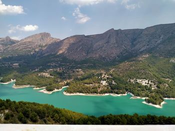 Scenic view of lake and mountains against sky