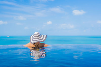 Rear view of person in sea against sky