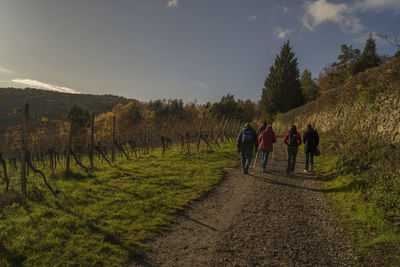 Rear view of people walking on field against sky