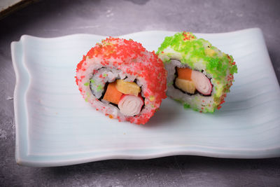 Close-up of sushi in plate on table