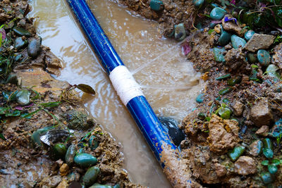 High angle view of blue water pipe