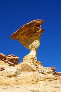 Low angle view of statue on rock against clear blue sky
