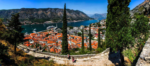 High angle view of town against mountain