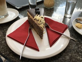 High angle view of cake in plate on table