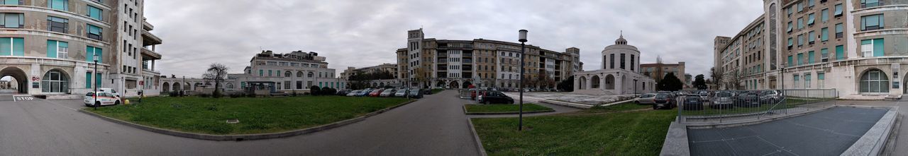 Panoramic view of city street and buildings against sky