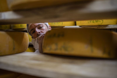 Cheese factory worker controlling maturation of cheese