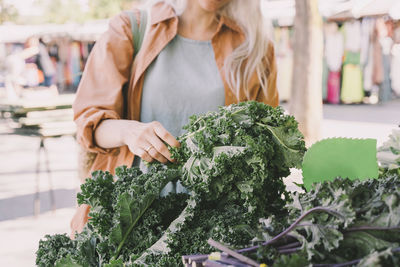 Woman buying fresh green kale from market