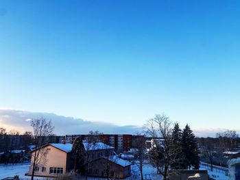 Houses and trees against sky during winter