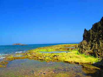 Scenic view of sea against clear blue sky